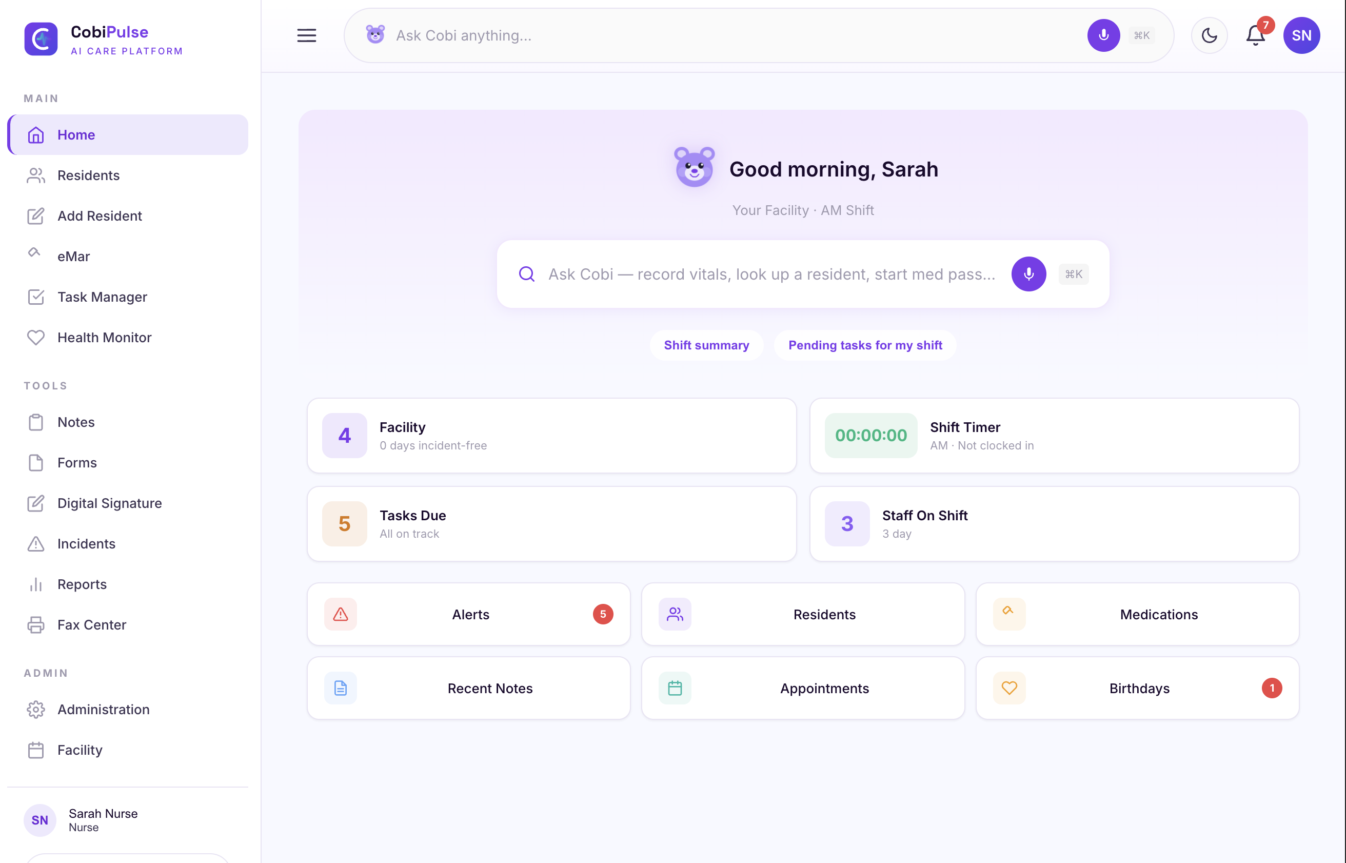 CobiCare Pulse dashboard: a single search bar at the top of a care workspace, with residents, tasks, vitals, and shift summaries all accessible through natural-language search.